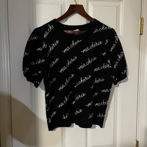 Black Short-Sleeve Knit Sweater with Script Pattern